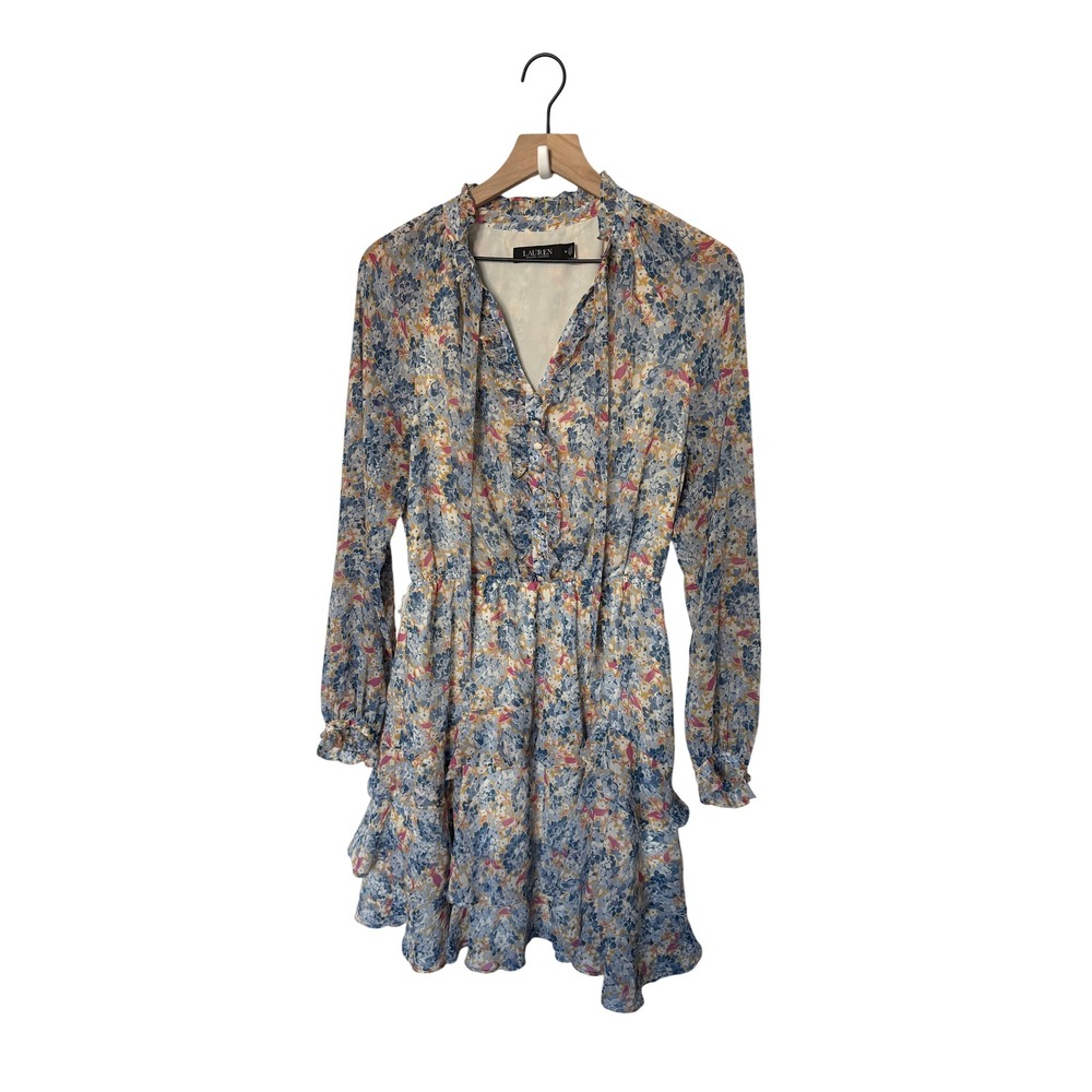 Lauren Ralph Lauren Floral Georgette Ruffle Mini Dress Blue Yellow Pink Sz 10